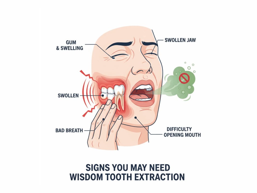 Diagram of the signs a wisdom tooth may need removing: swollen gum and jaw, bad breath, and difficulty opening the mouth